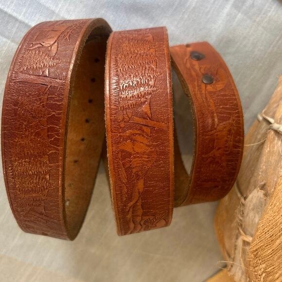 Brn Leather Western Boho Belt Embossed Animal Print No buckle Unisex - Picture 7 of 10